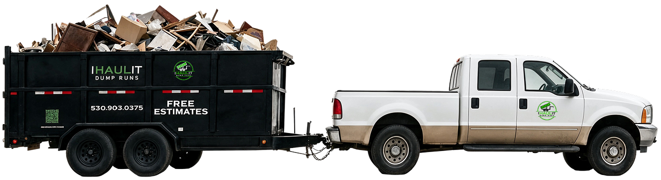 Ihaulit Dump Runs trailer loaded with junk, towed by a truck